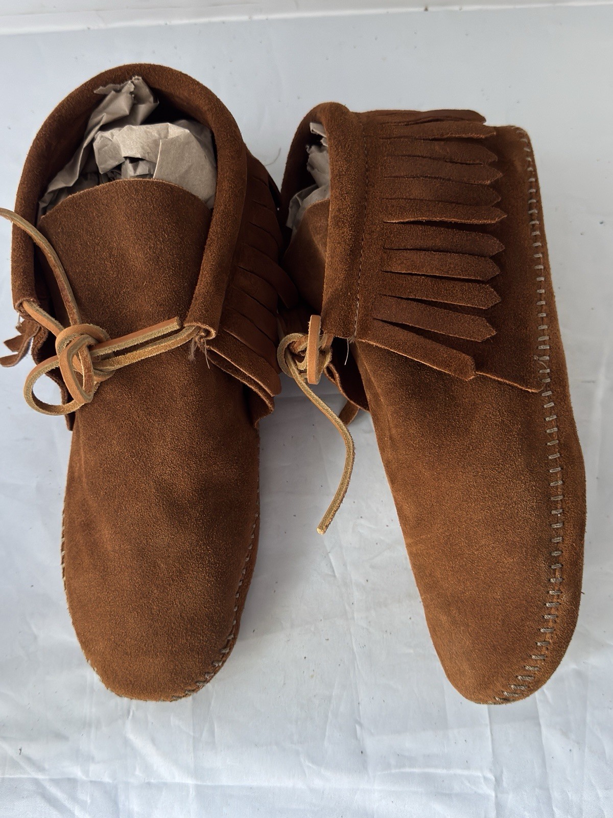 Minnetonka 882 Men’s Brown Suede Fringed Moccasins Soft Sole Size 10 Made in USA