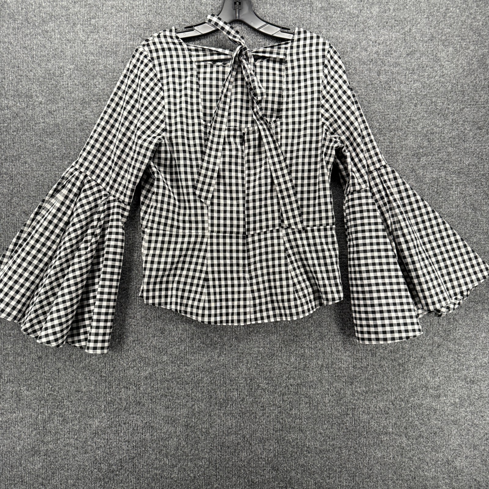 Nanette Lepore Blouse Womens M Black Check Open Back Boho Cottage Old Money