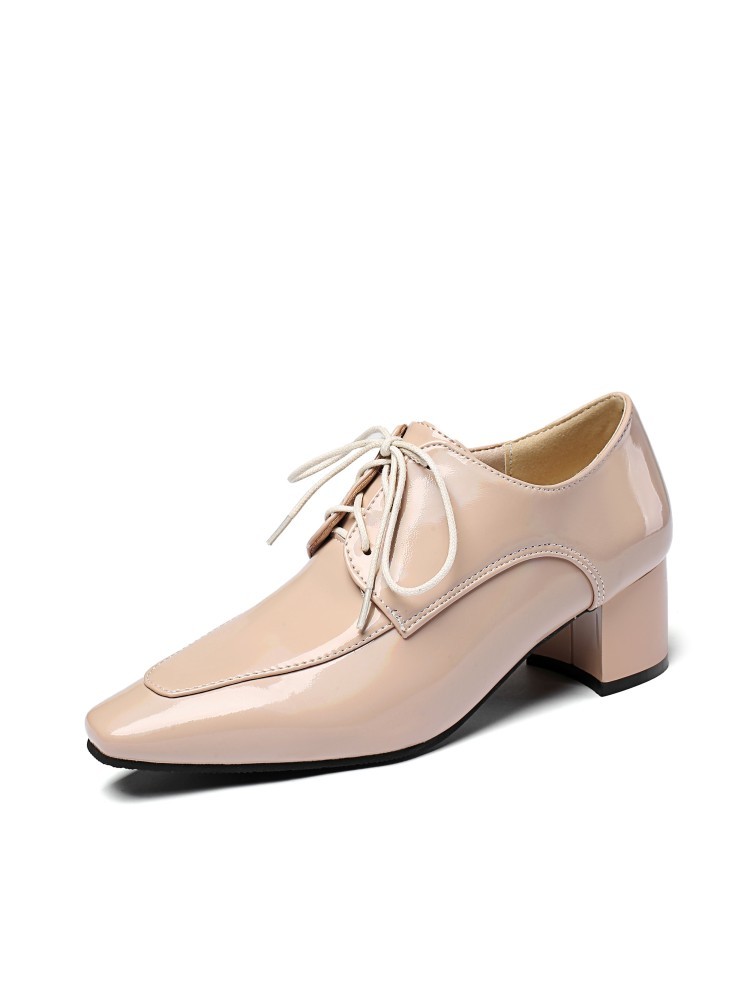 Spring Women’s Square Toe Lace Up Shoes Mid Block Heels Work Faux Leather Pumps