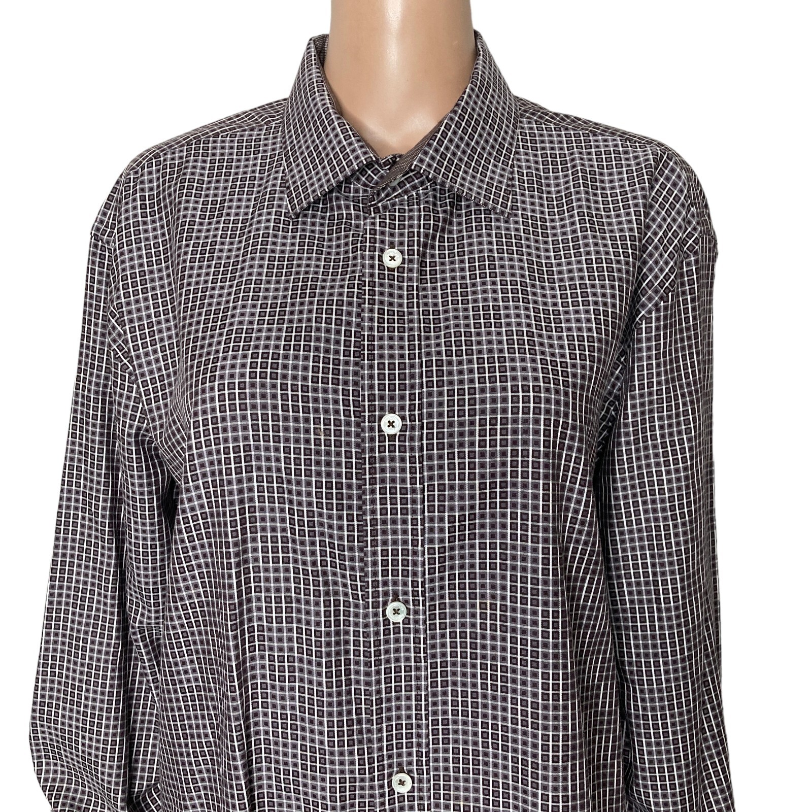 Bugatchi Uomo Shirt Mens XL Shaped Fit Brown White Small Square Geometric