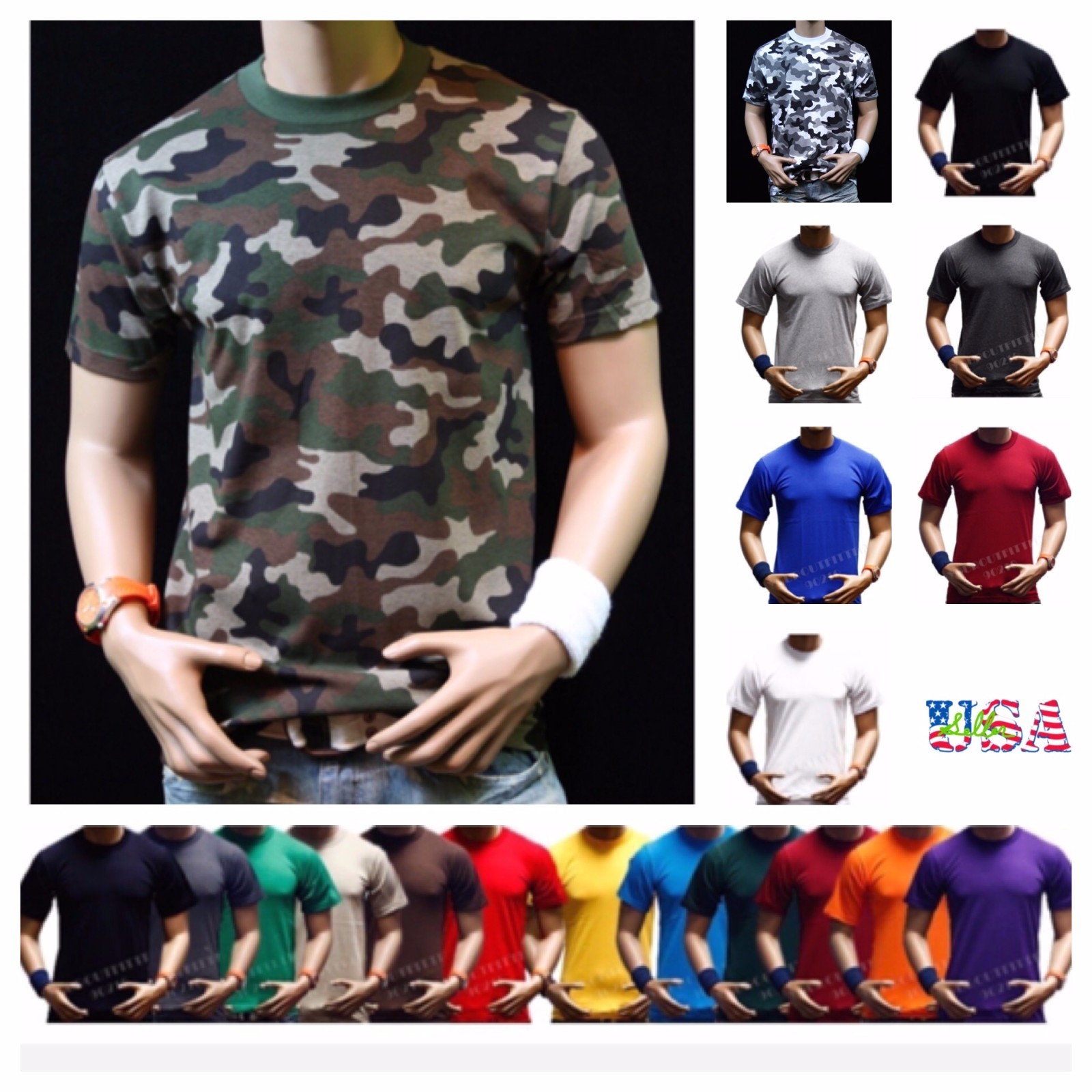 Mens Big and Tall Heavy Weigh Plain T-Shirt Crew Neck Camo Basic Solid Tee S-7X