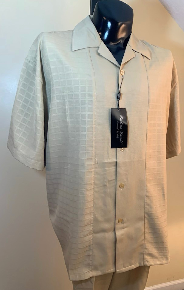 Fortino Landi Mens 2pc Walking Suit Shirt Pleated Pants Set 2XL Beige Plaid 42