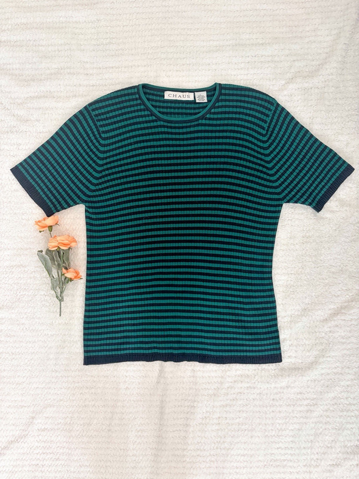 Chaus Green Black Striped Silk Ribbed Knit Crew Neck Pullover Sweater L
