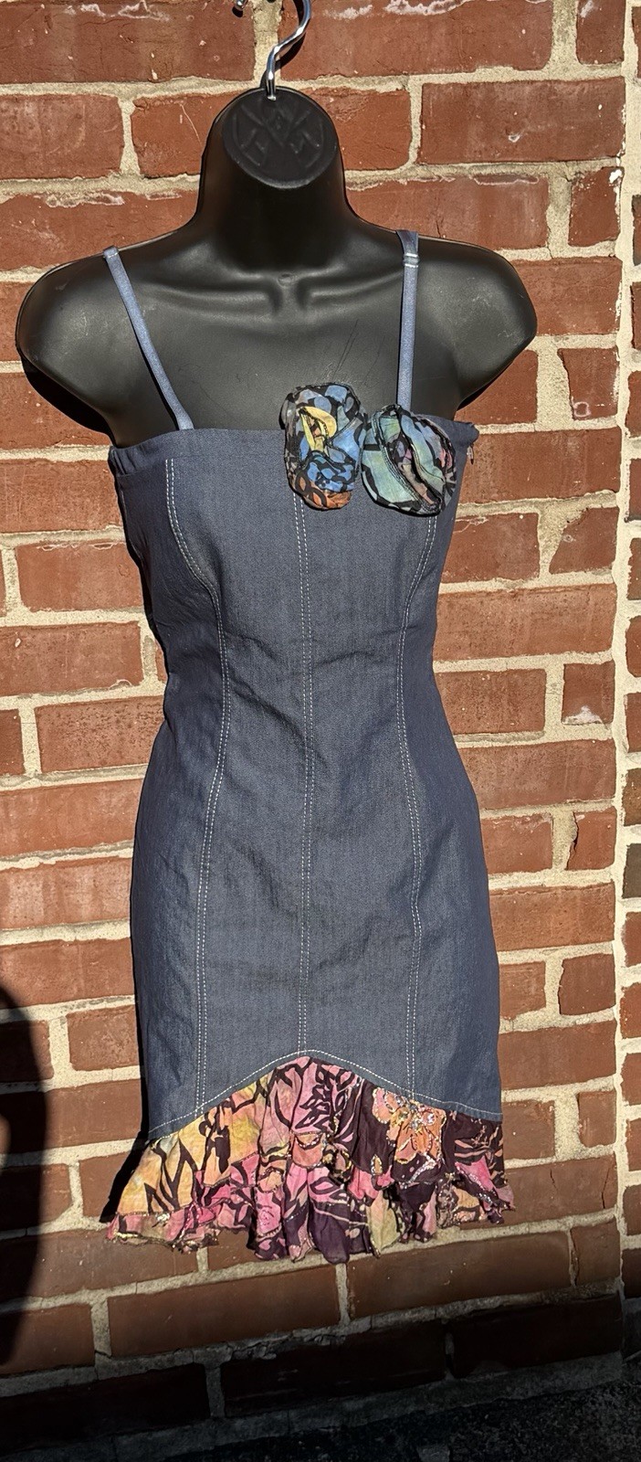 Y2K Denim Floral Appliqué Bodycon Dress Boho Midi Dress Size S