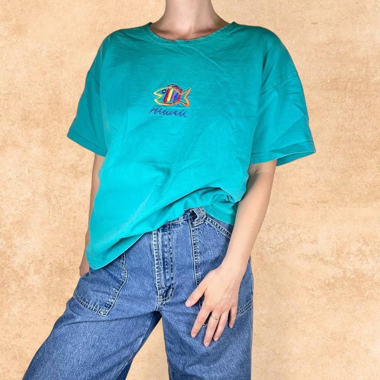 Vintage 90s Hawaii Embroidered T-Shirt Teal Fish Graphic Beach Made in USA XL