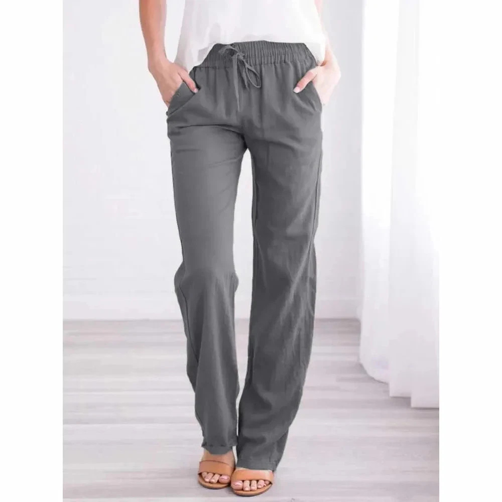 Women Cotton Linen Drawstring Pants Elastic Waist Loose Straight Leg Trousers