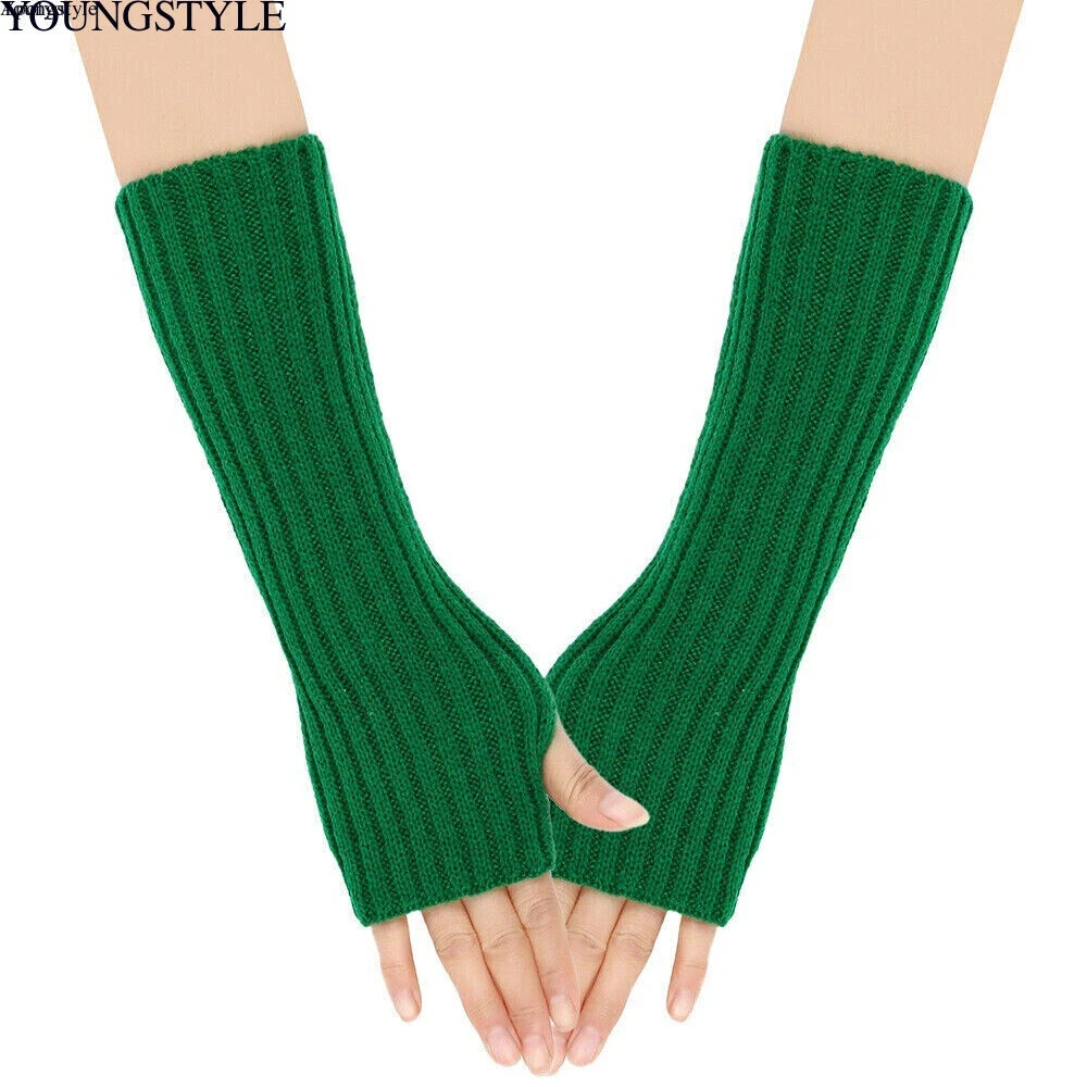 Women Long Half Finger Fingerless Knitted Gloves Arm Hand Warmer Mittens 066