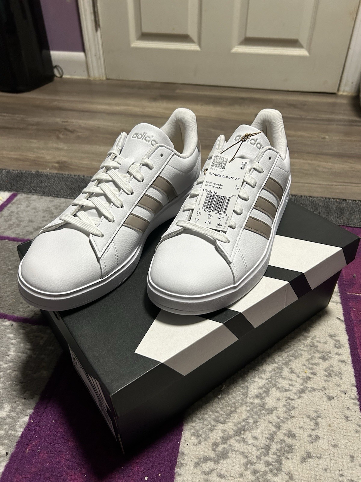 WOMENS BRAND NEW WHITE Leather w Brown Stripe ADIDAS GRAND COURT 2.0 CloudFoam