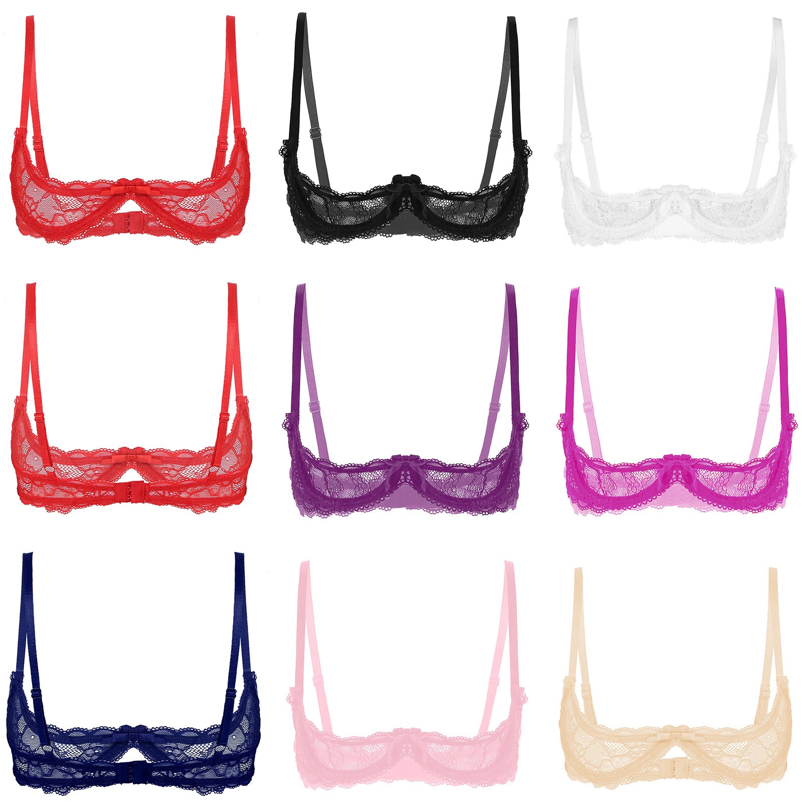 Womens See Through Lace Straps 1/4 Cups Push Up Underwire Bra Tops Nightwear