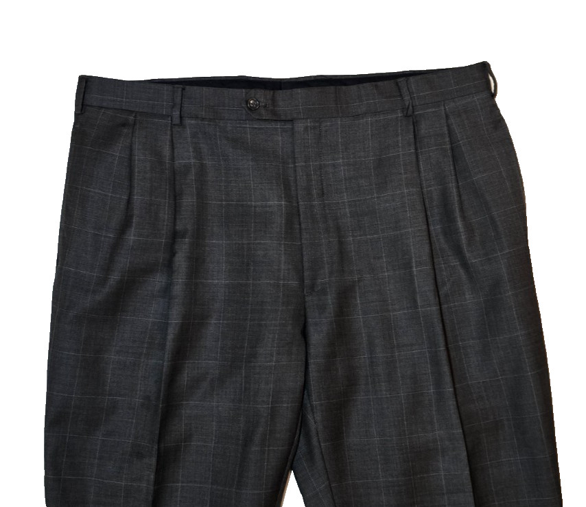 Jos A Banks 100% Wool Mens Dk Gray 46R 2 Pc Suit with Cuffed Pleated Pants 40×29