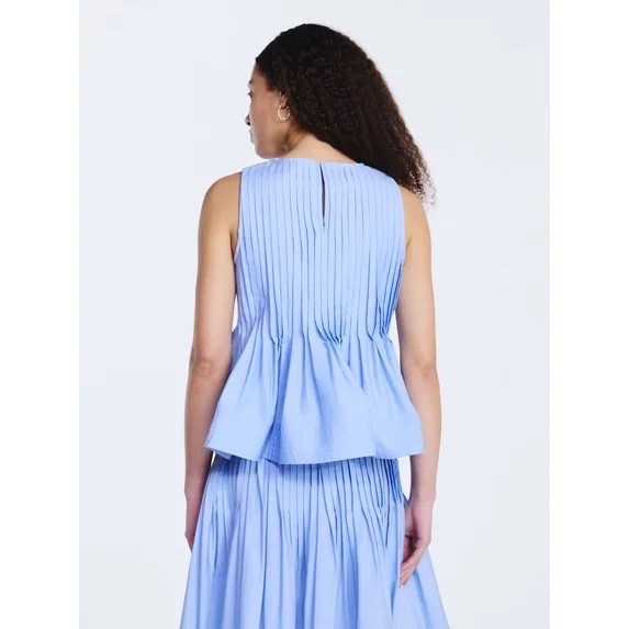 Free Assembly Small Blue Sleeveless Pintuck Pleated Blouse Classic Silhouette