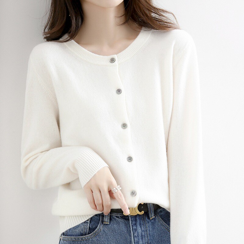Women Cardigan Solid Color Sweater Cashmere Blend Simple Crew Neck Jacket Coat