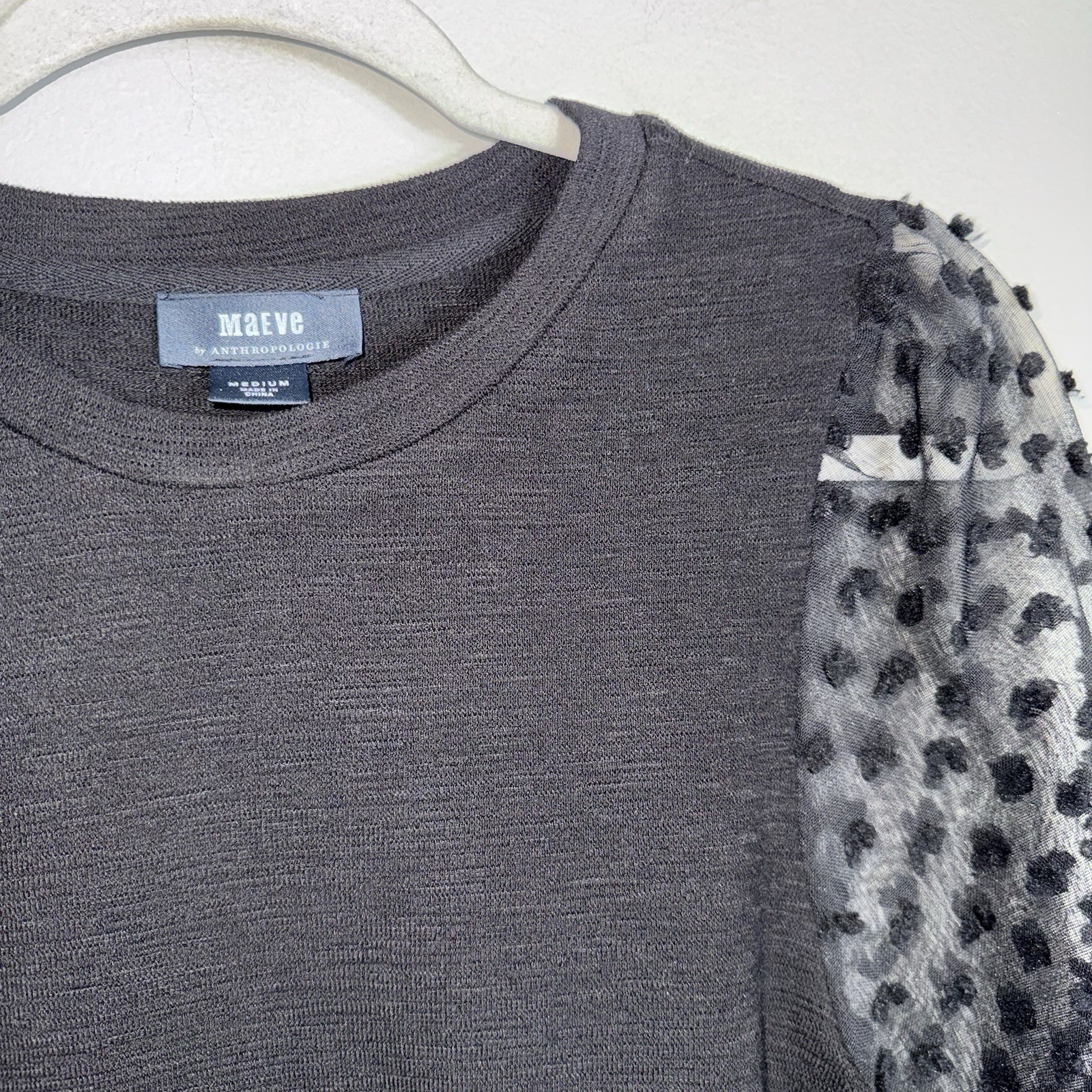 Maeve Anthropologie Pullover Blouse-Puff Semi Sheer Polka Dot Sleeves-Black-Med