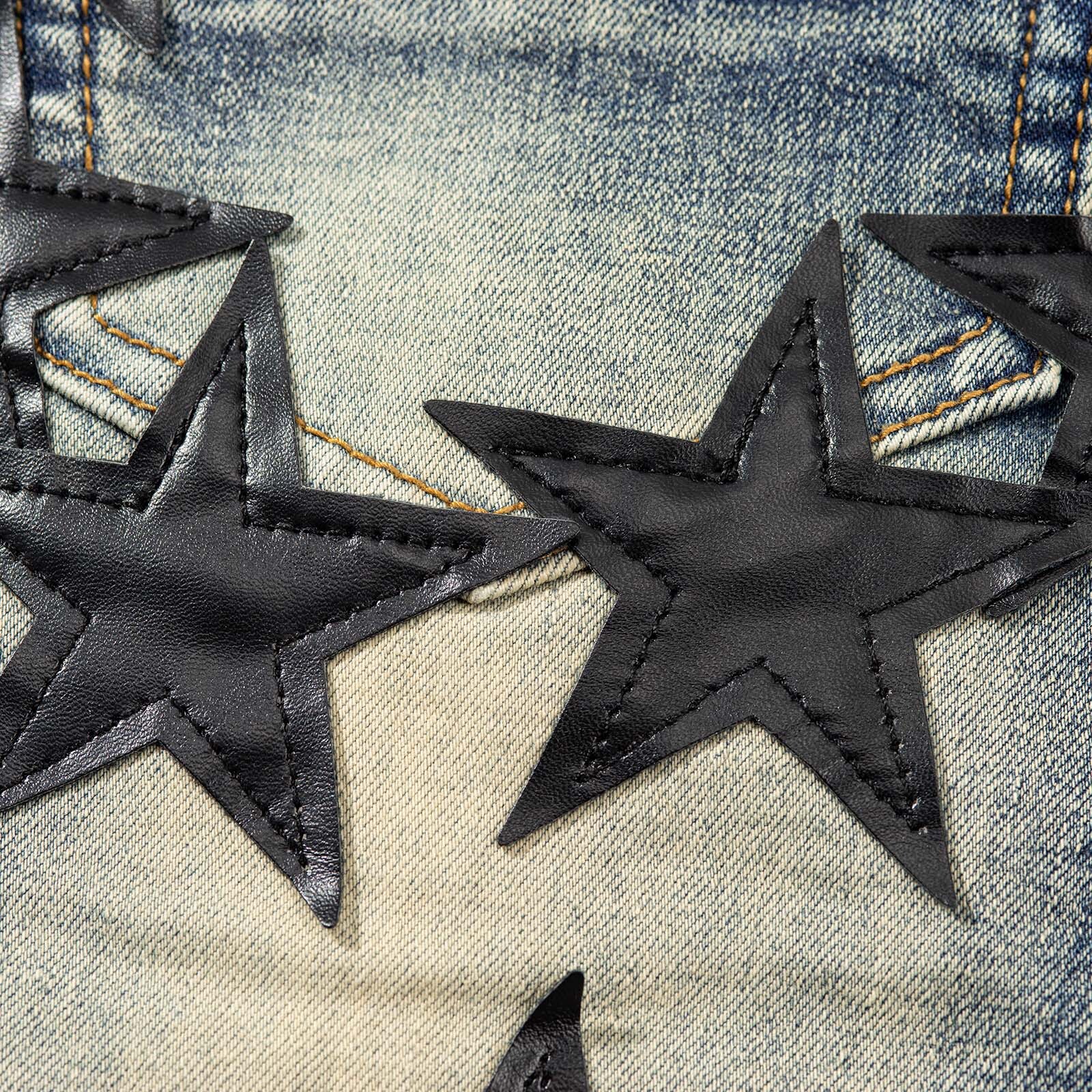 Men’s Ripped STAR PU Patchwork Grunge Skinny fit stretch Denim Washed jeans