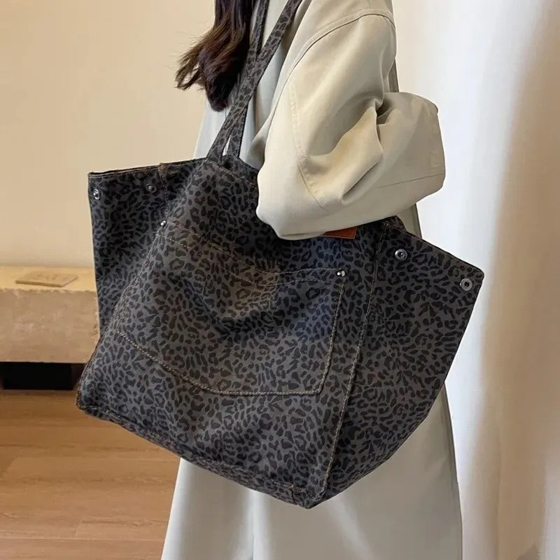 Vinatge Leopard Print Tote Bag Womens Large Canvas Shoulder Handbag Work Casual