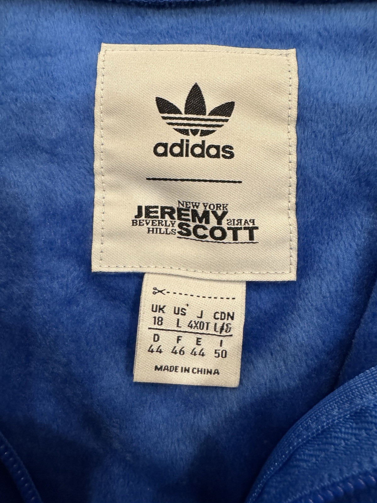 Adidas Jeremy Scott Velour Track Jacket LARGE Cropped Zip Designer Streetwear