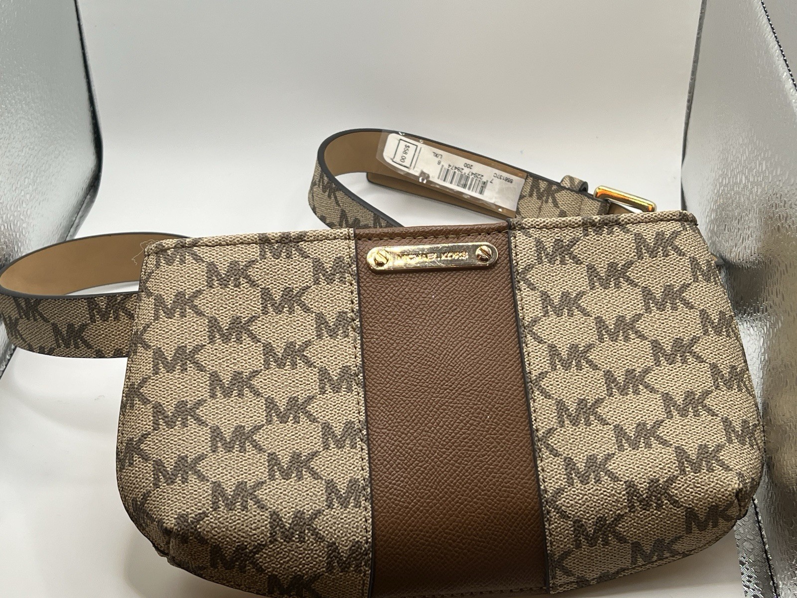 Michael Kors Logo Belt Bag Beige Brown Zip Closure Inner Pockets Designer