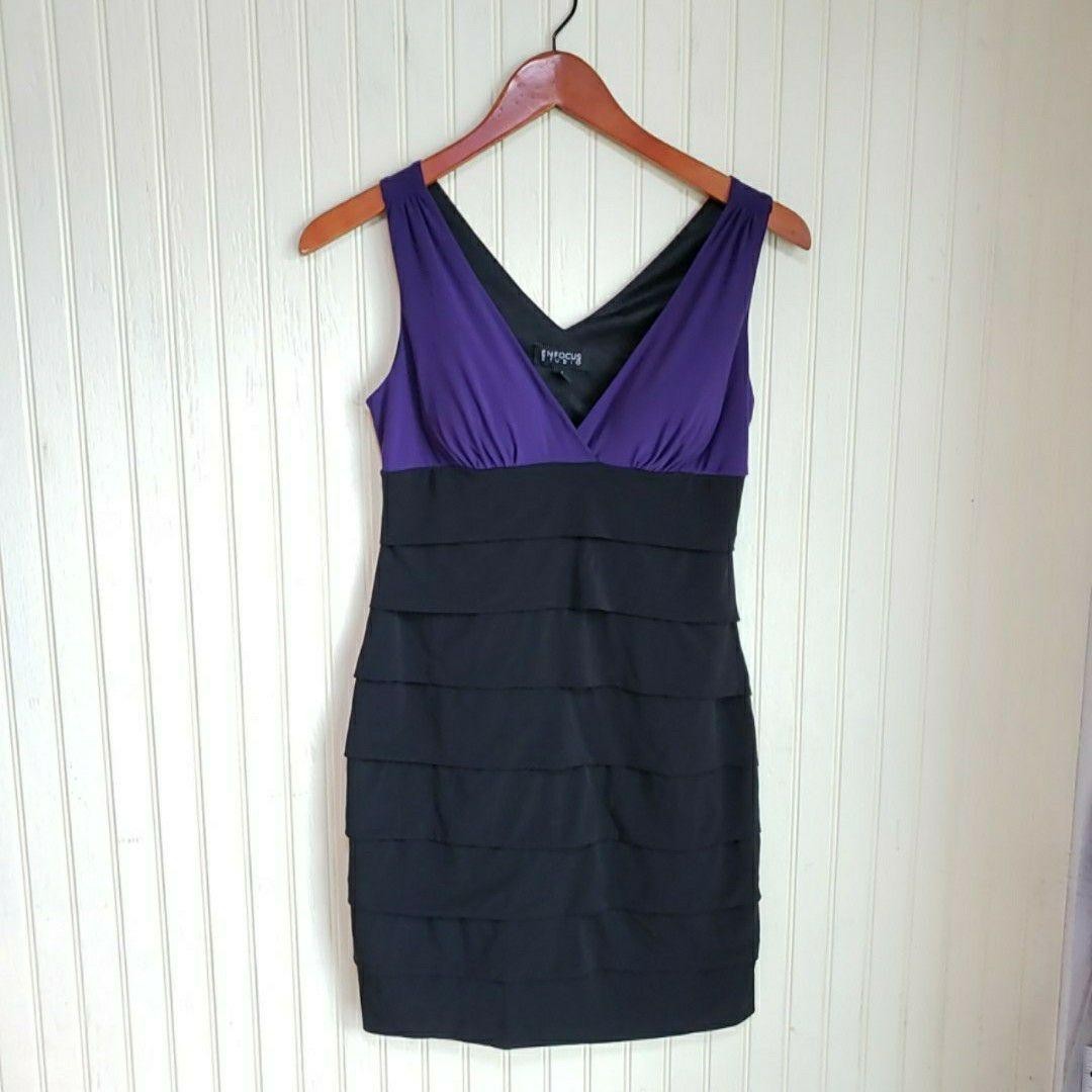 En Focus Studio Dress Womens 4 Black Purple Colorblock Sleeveless V Neck Short