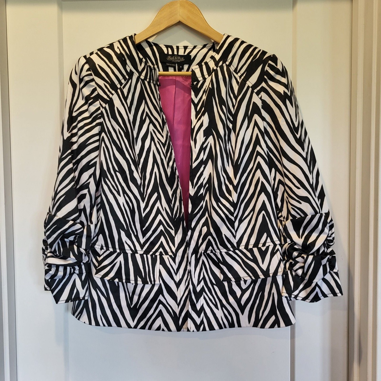Animal Print Peck & Peck Collection Zebra Print Ruched Sleeve Open Front Blazer,