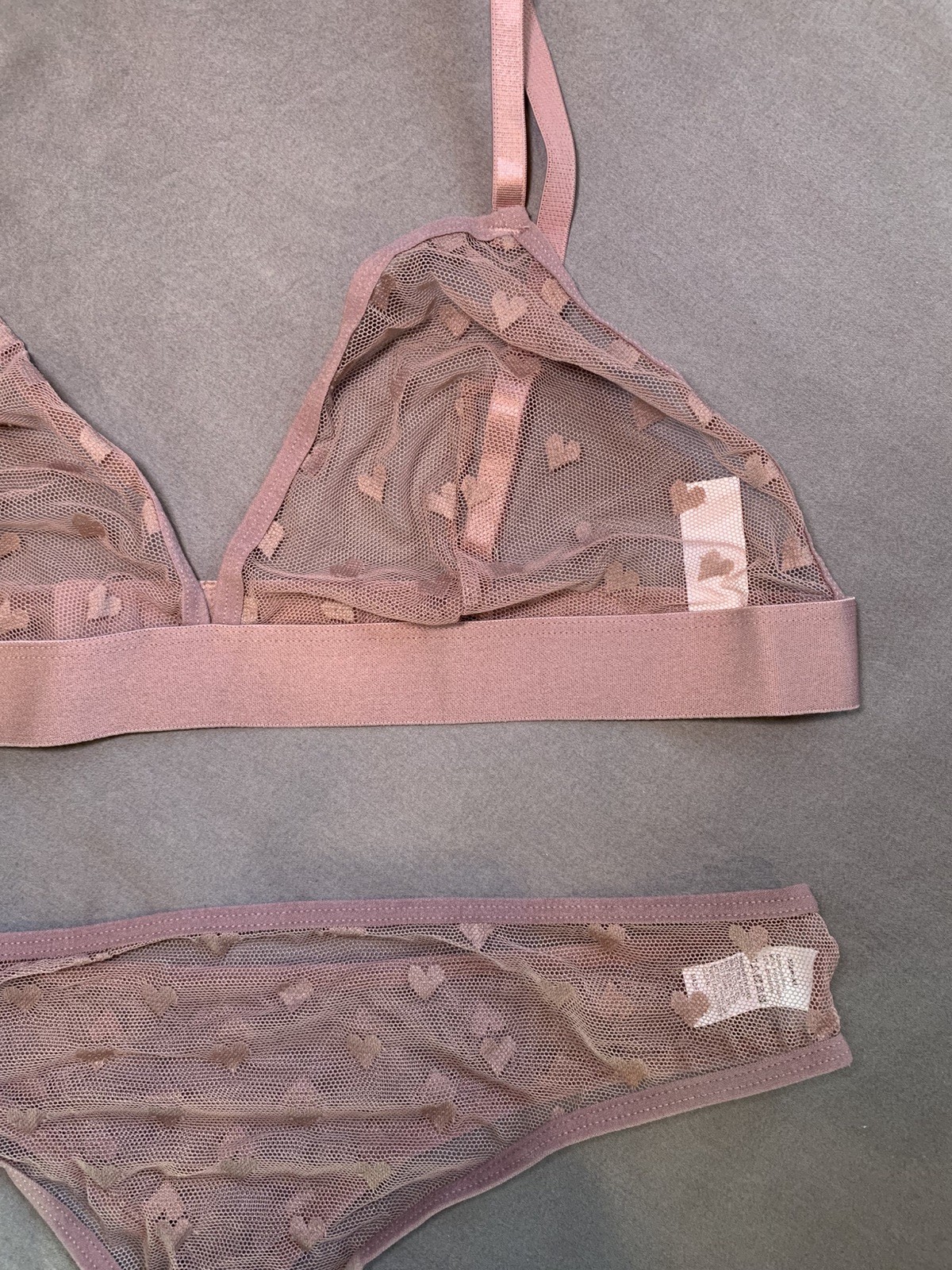 NWOT Mauve Pink Mesh Heart Print Sheer Wireless Bralette Bra & Panty Set XL