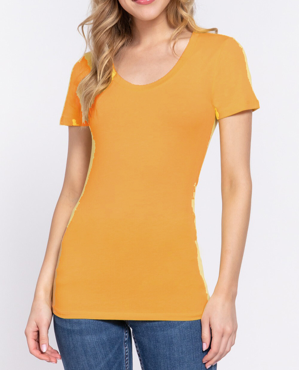 (ACTIVE BASIC) Sexy Scoop Neck Short Sleeve T Shirt Stretch Cotton Tee (S-2X)