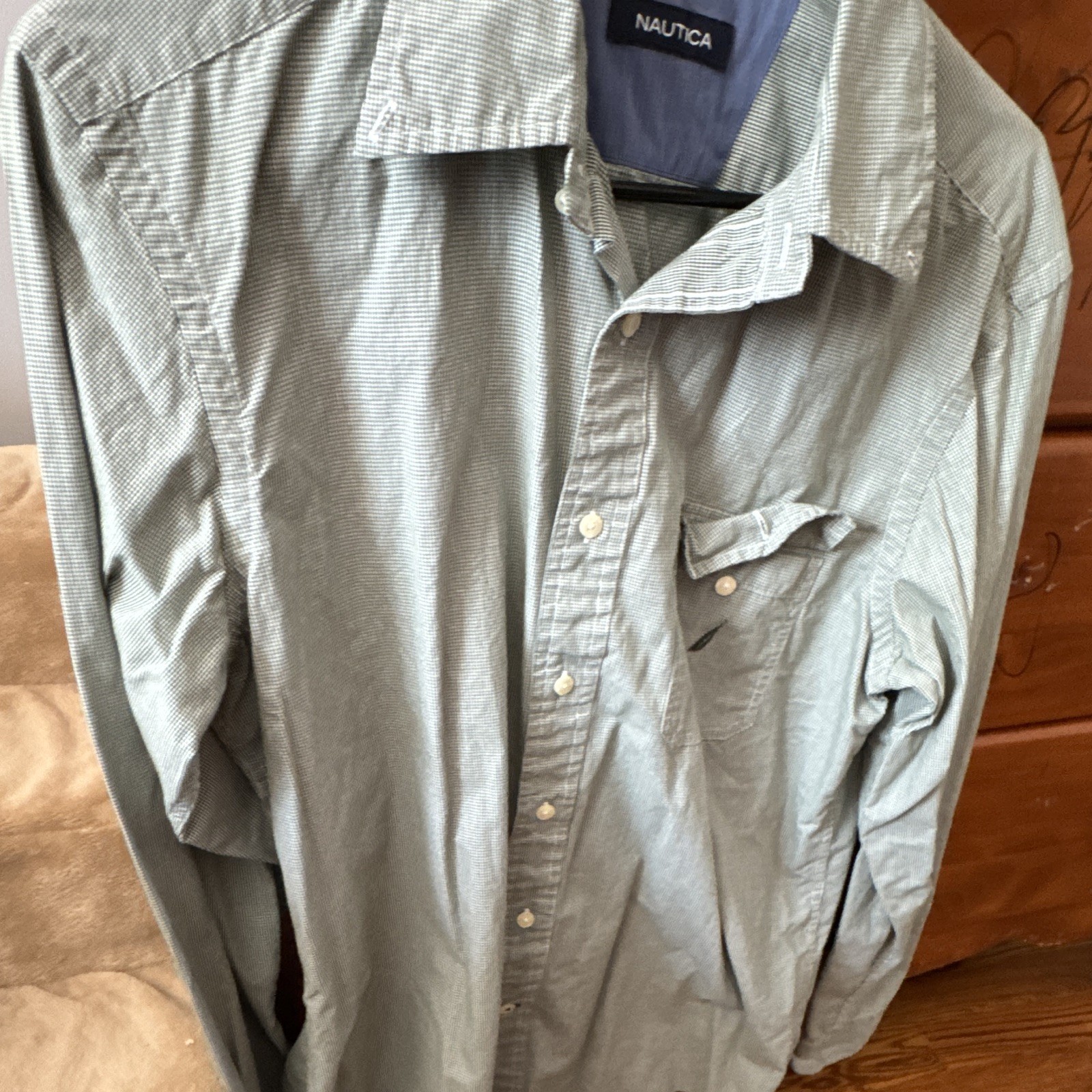 Nautica Men’s Regular Fit Dress Shirt M 34/35 Blue/White Check Cotton Pocket
