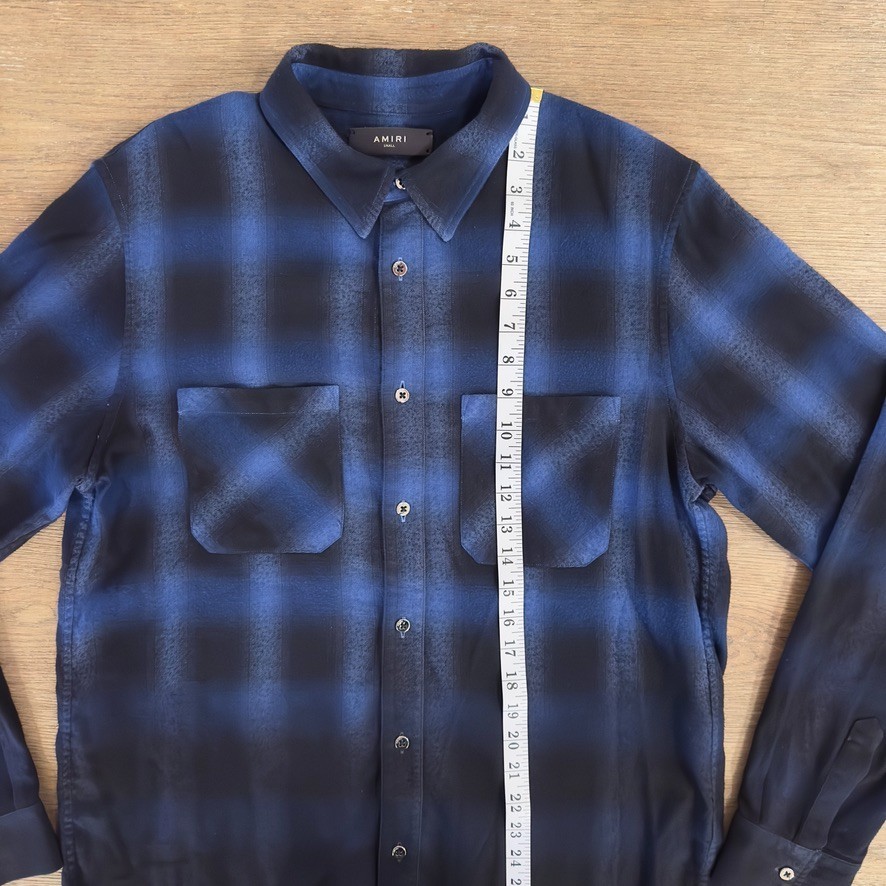 AMIRI Distressed Plaid Cotton Button Up Flannel Shirt-Blue ombre-Raw Hem-Men’s S