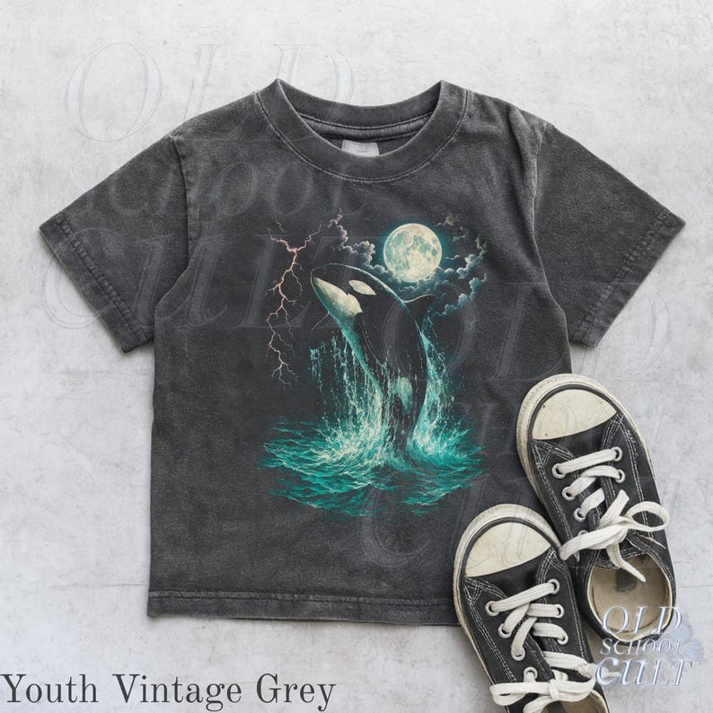 Vintage 90s Orca Ocean Graphic T-Shirt Kids Youth Retro Beach Tee