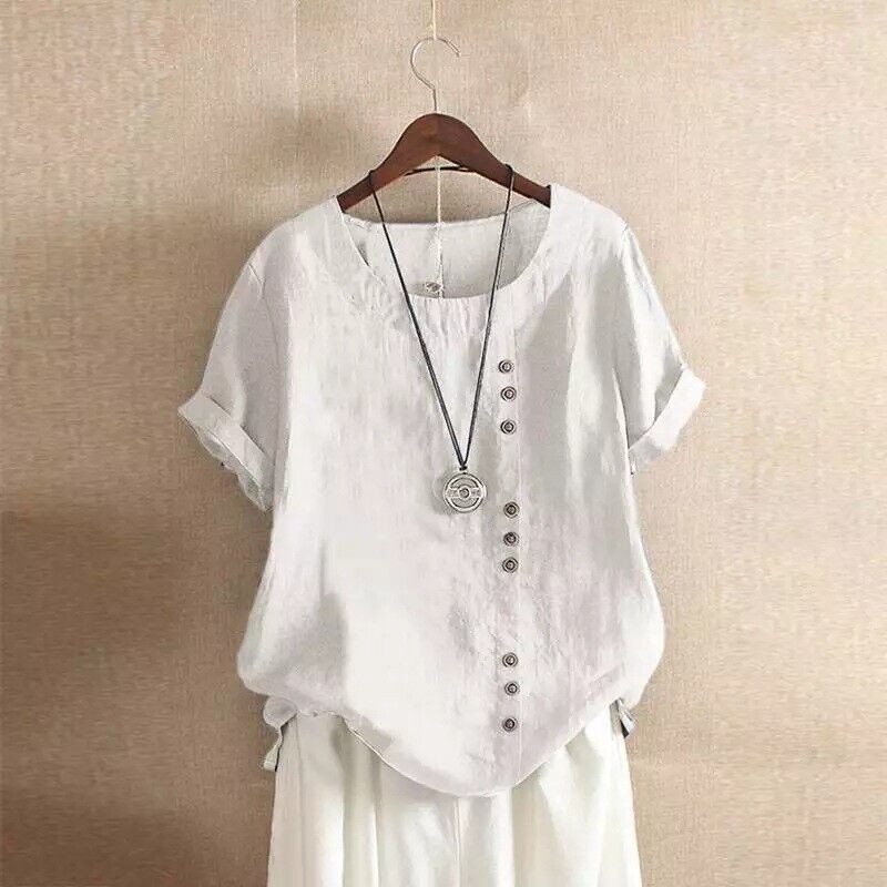 Summer Womens Cotton Linen Tunic Blouse Tops Short Sleeve Shirt Casual
