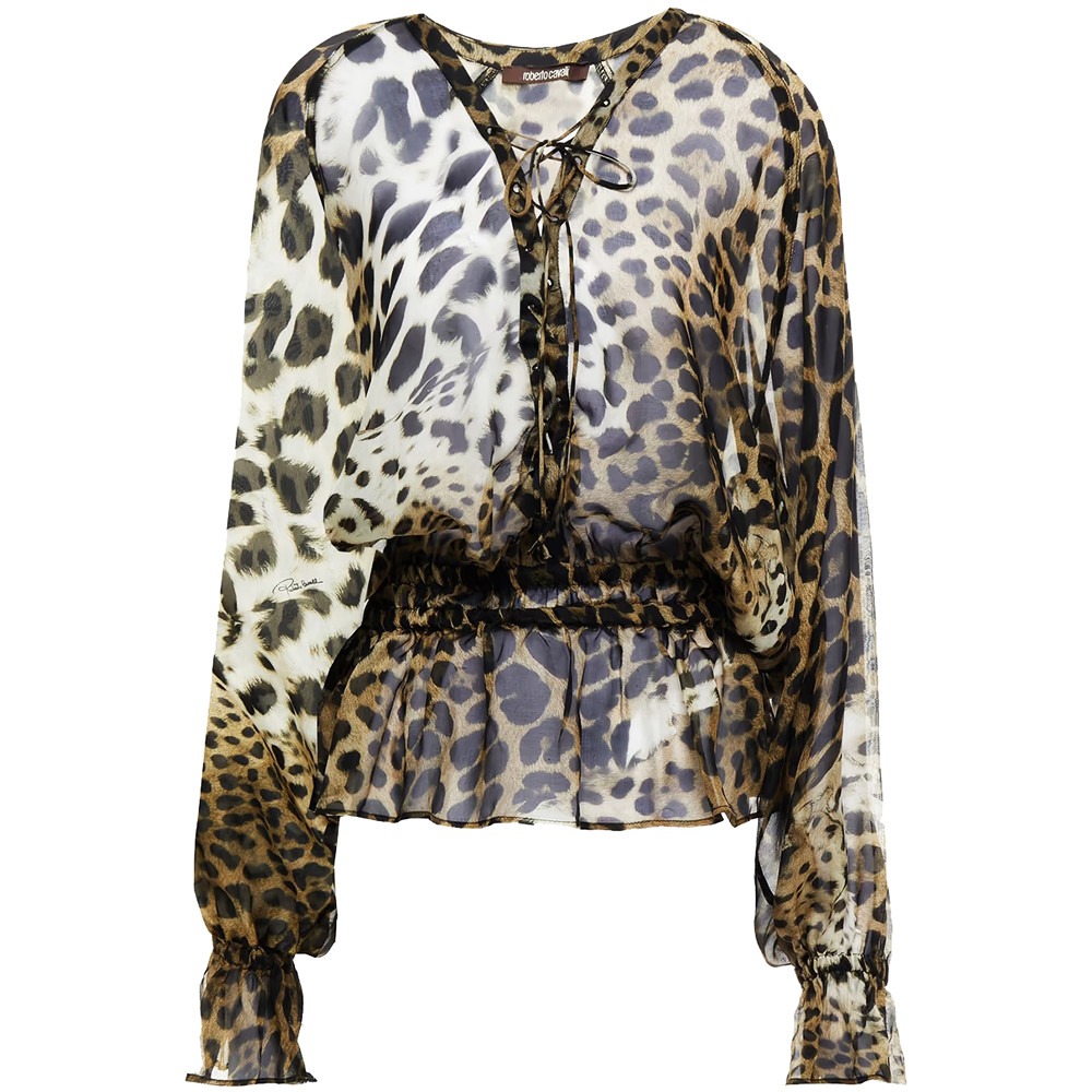 ROBERTO CAVALLI Blouse Leopard Print Silk Lace Up Blouse Size 44 – RP £985.00
