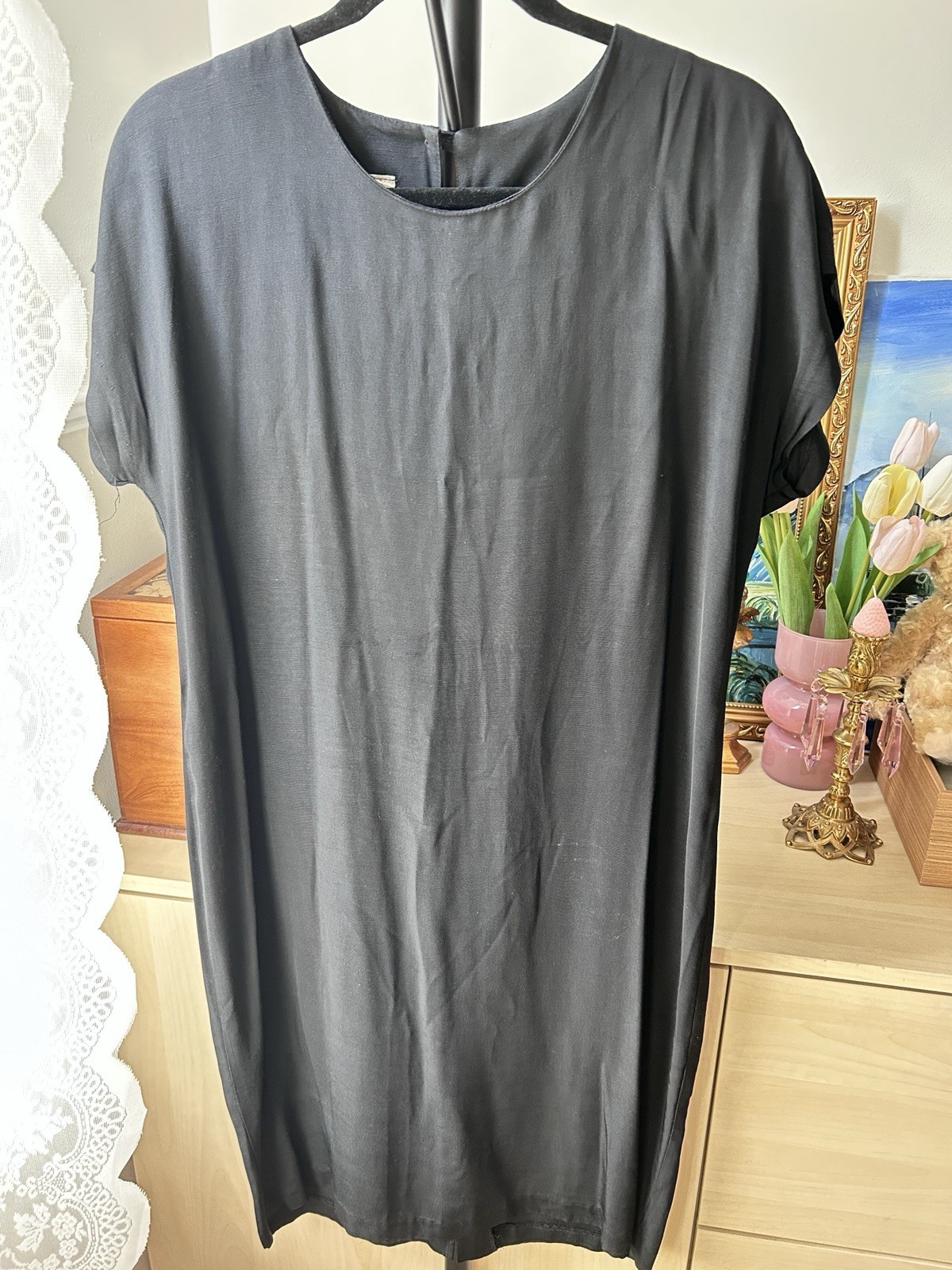 Black Solid Ribbed Round Neck Cap Sleeve Knee Dress Back Zip Petite 10P