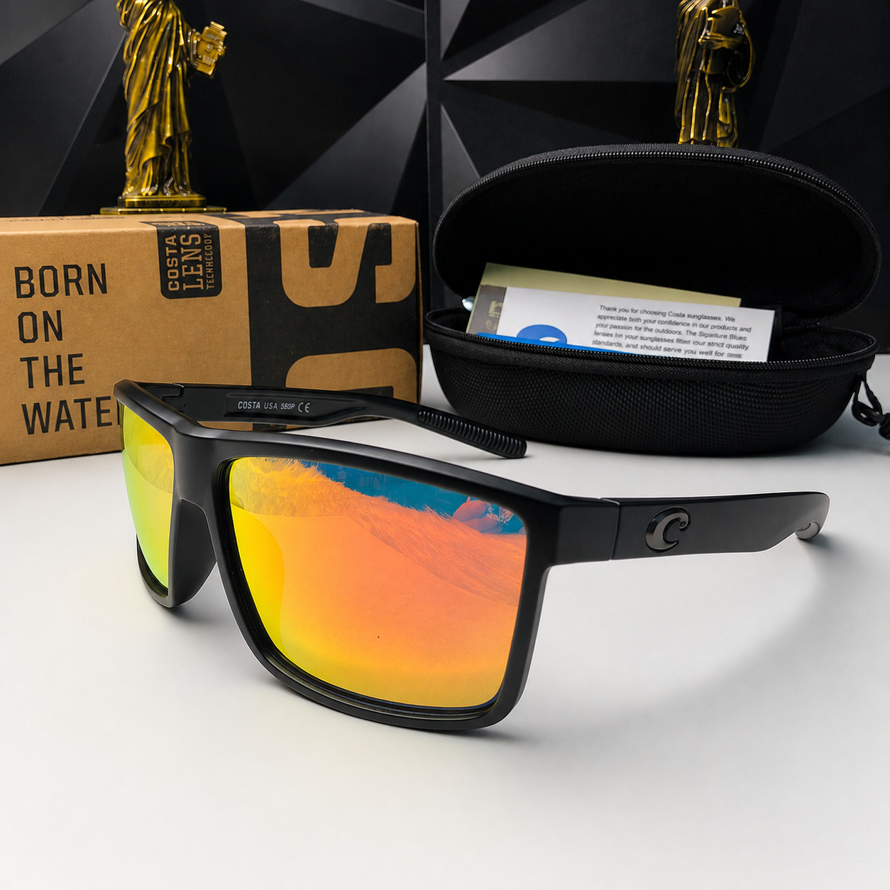 NEW Costa Del Mar Rincon Polarized UV Black Frame Orange Mirror Sunglasses