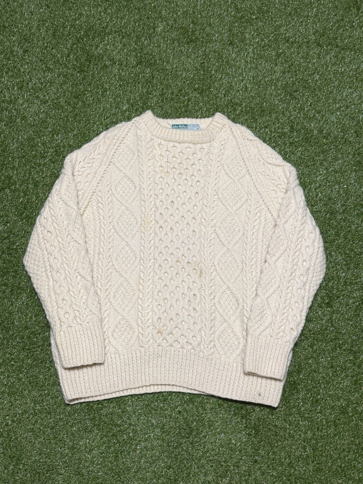 John Molloy Ireland Pure Virgin Wool Aran Fisherman Cable Knit Sweater Cream L