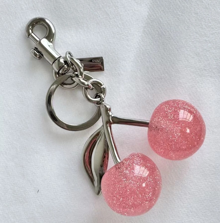 New Coach Pink Cherry Bag Charm Keychain Resin Metal Brass Purse Decoration