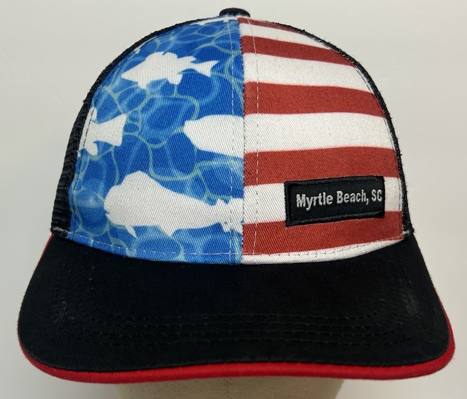 Myrtle Beach SC American Flag Fish Snapback Cap Trucker OSFM