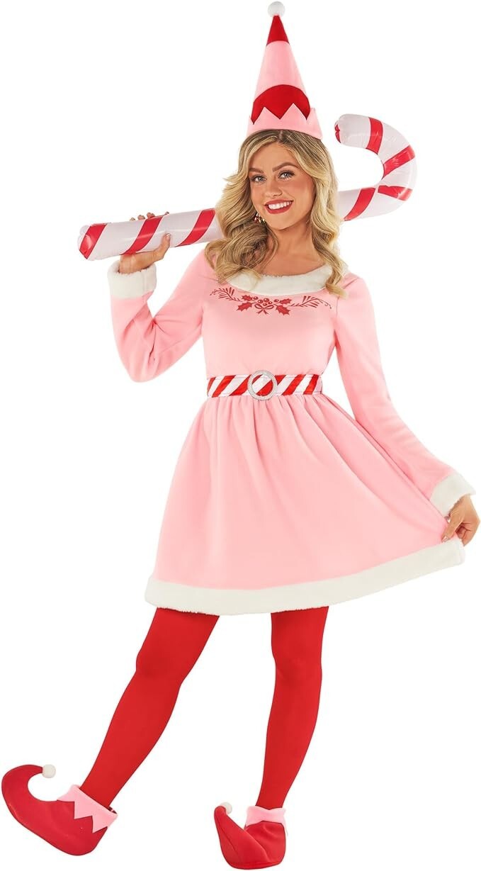 Womens Jovie Elf Costume Tights Pink Santa`s Helper Christmas Party Dress S-3XL