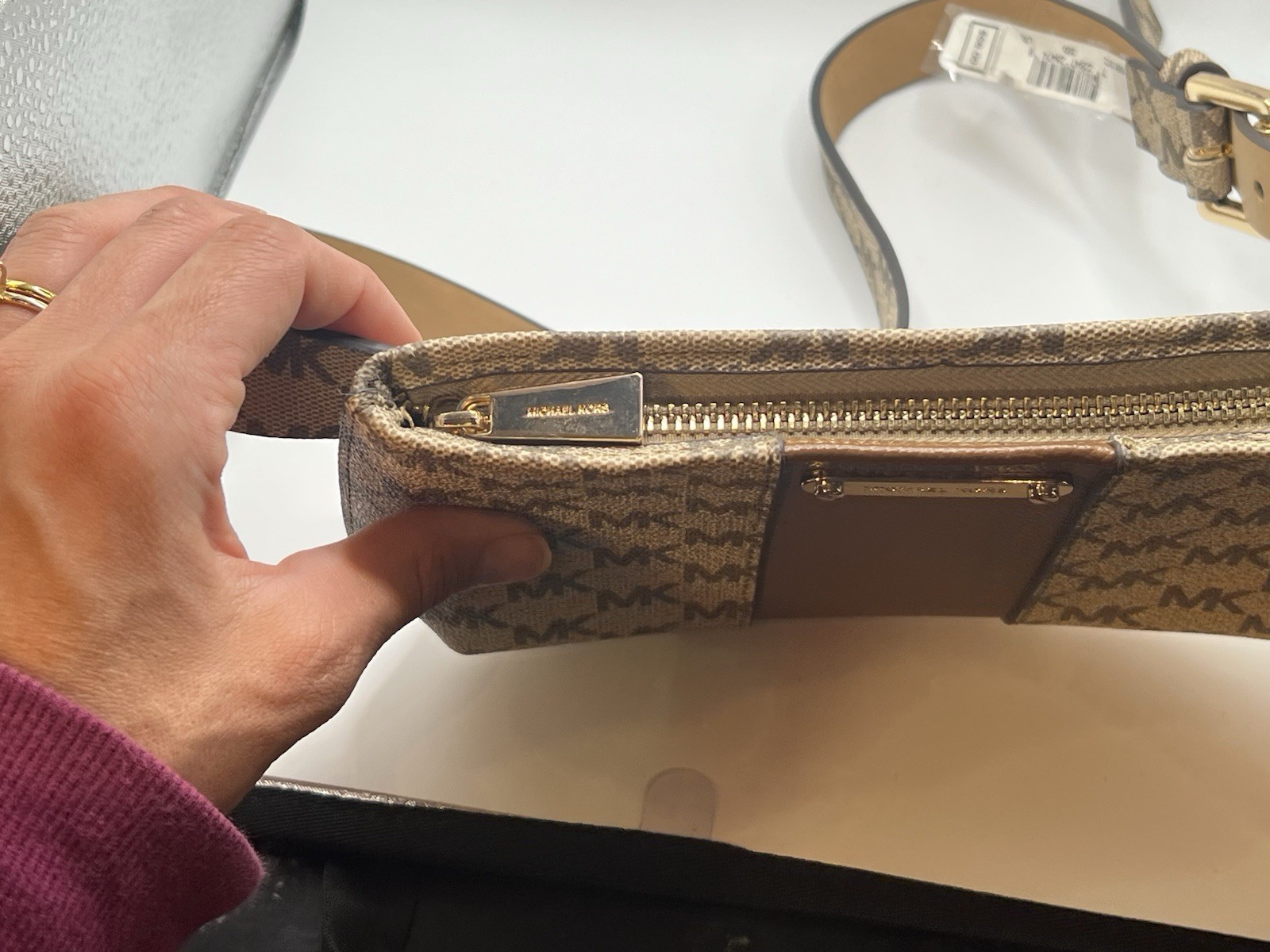 Michael Kors Logo Belt Bag Beige Brown Zip Closure Inner Pockets Designer