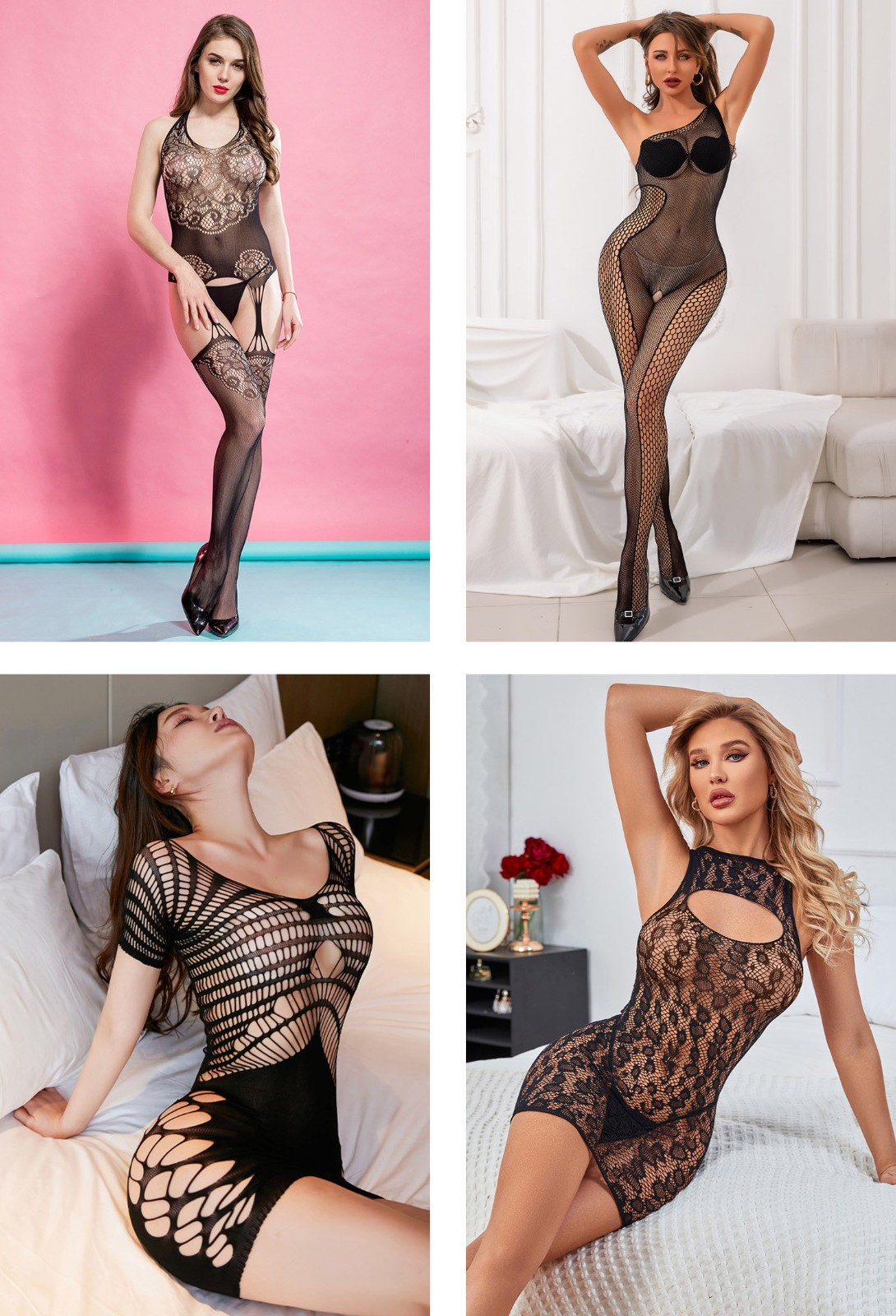 4-Pack Lingerie Sexy Lace Fishnet Mesh Bodystocking Bodysuit Bodycon Stretchy