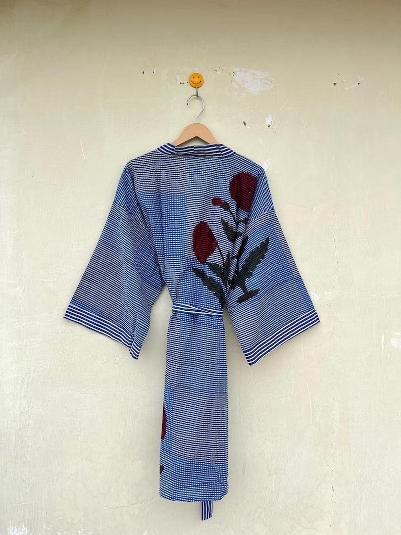 Indian Blue Floral Cotton Robe Short Kimono Sleepwear Night Suit Kimono Robe US