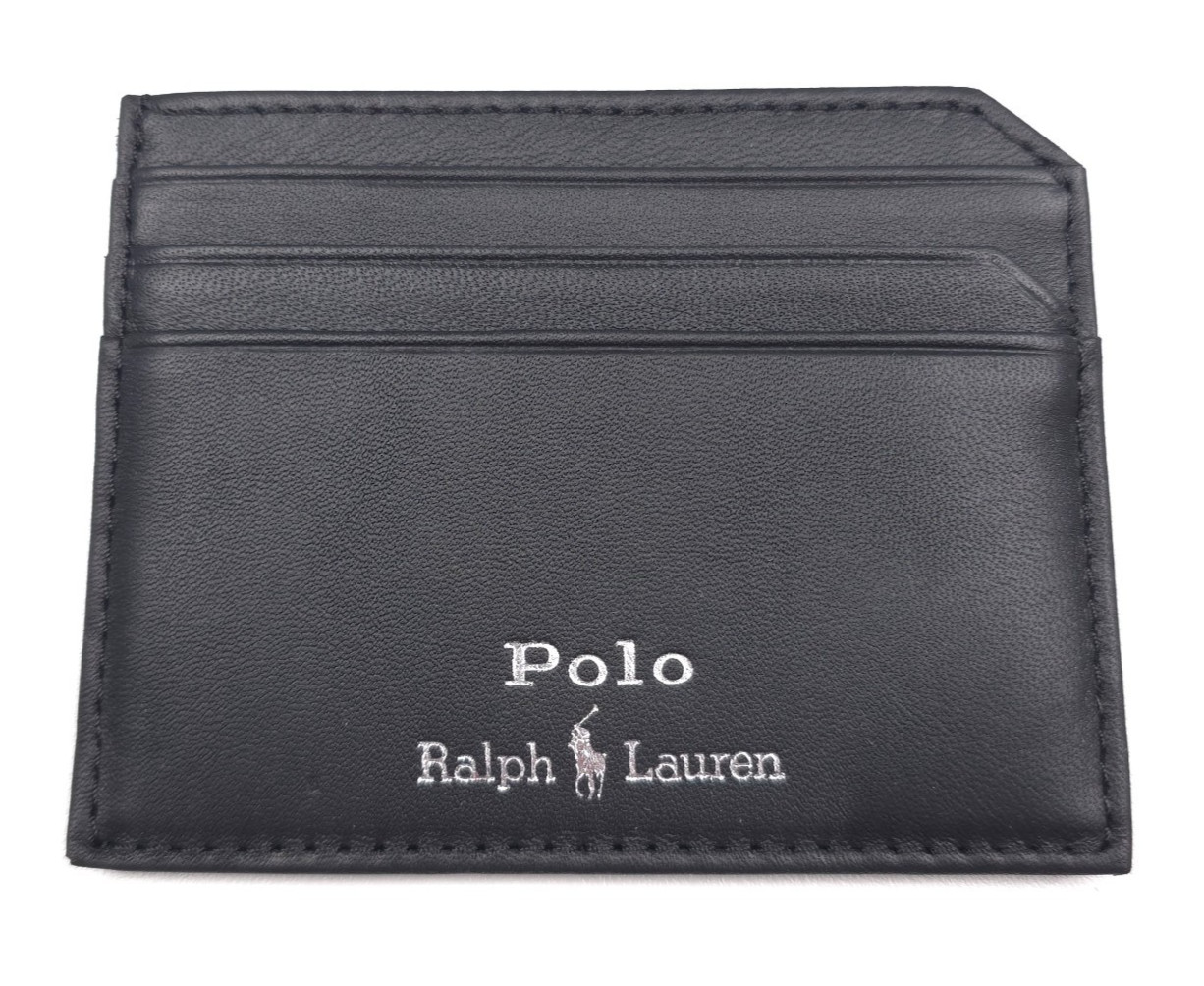 Polo Ralph Lauren Black Smooth Leather Card Case Wallet Embossed Logo w/ Box NWT