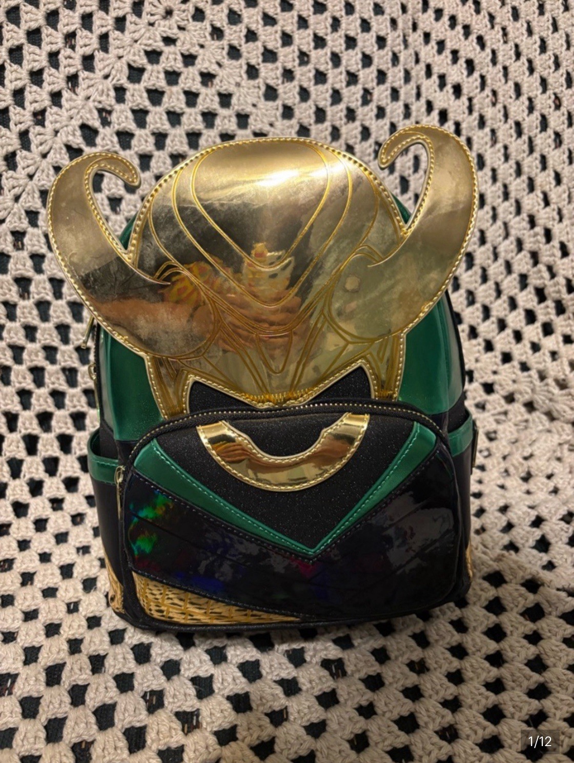 Loungefly Loki Mini Backpack Green Black Gold Metallic Zip Closure