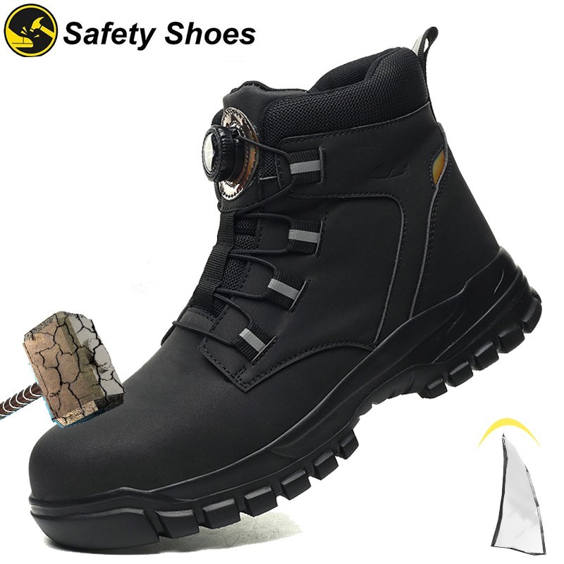Waterproof Safety Boots Men Rotary Buckle Indestructible Steel Toe Work Boots