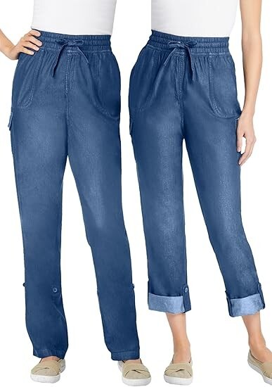 Woman Within Convertible 2 in 1 Cargo Pant & Capri Elastic Waist 100% Cotton