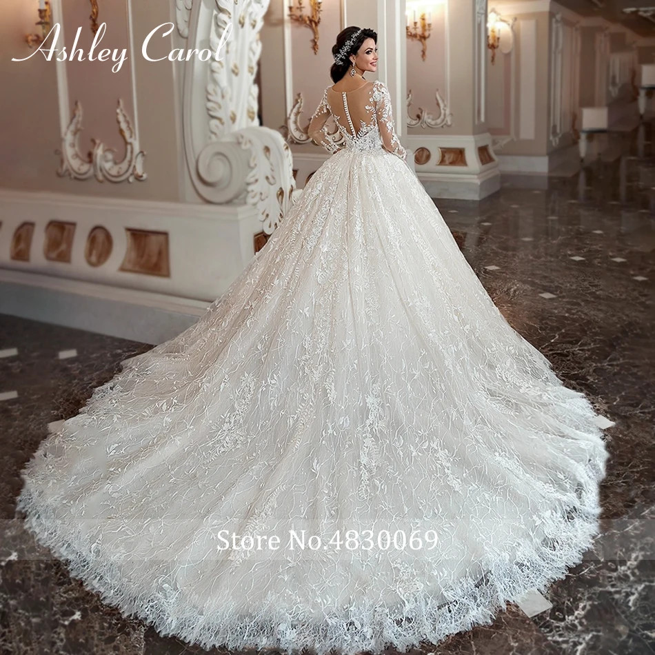 Ivory Lace Ball Gown Wedding Dresses Long Sheer Sleeves Bridal Gown With Train