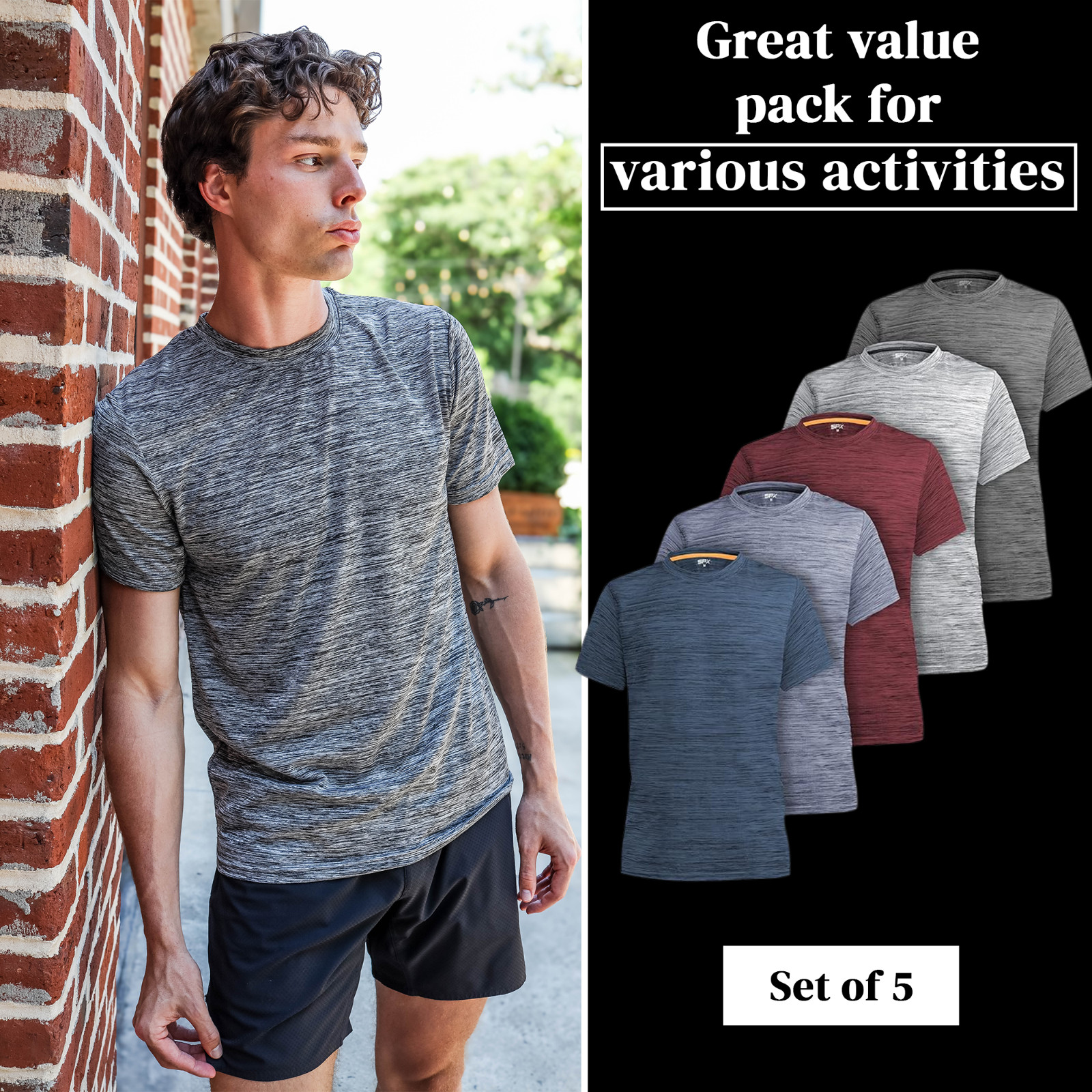 [5 Pack] Mens Active Athletic T Shirts Gym Running Workout Dry-Fit Crew Neck Top