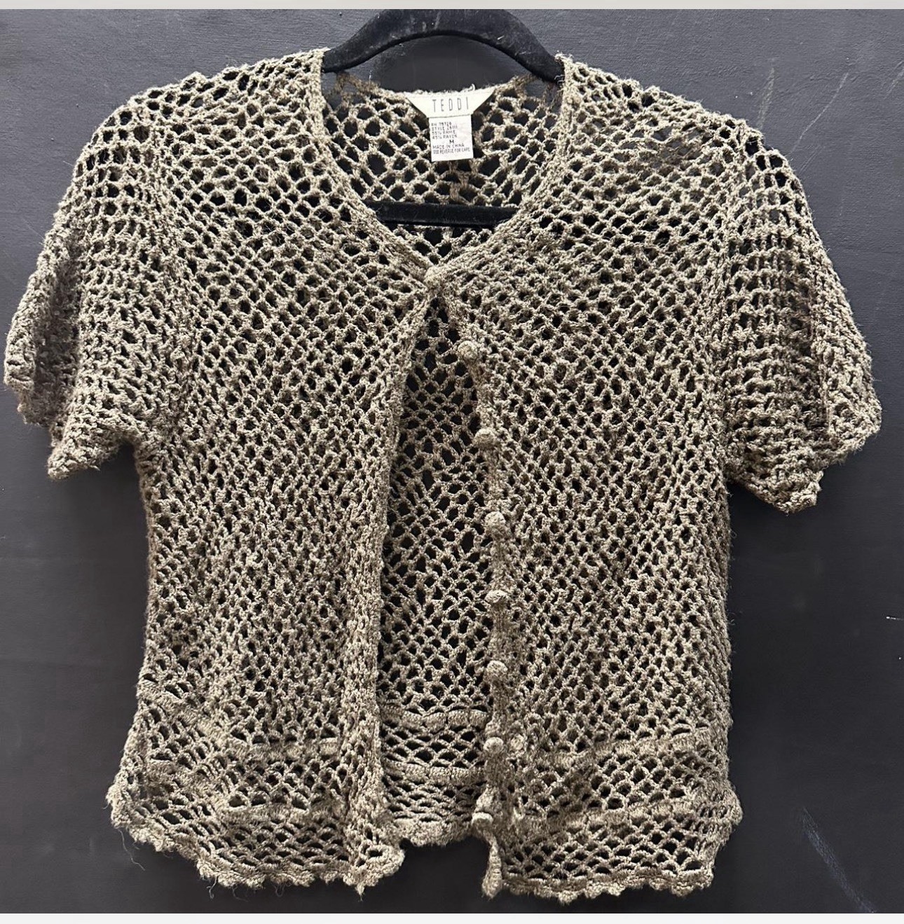 TEDDI Green Open-Knit Crochet Short Sleeve Button Cardigan Sweater Ramie M