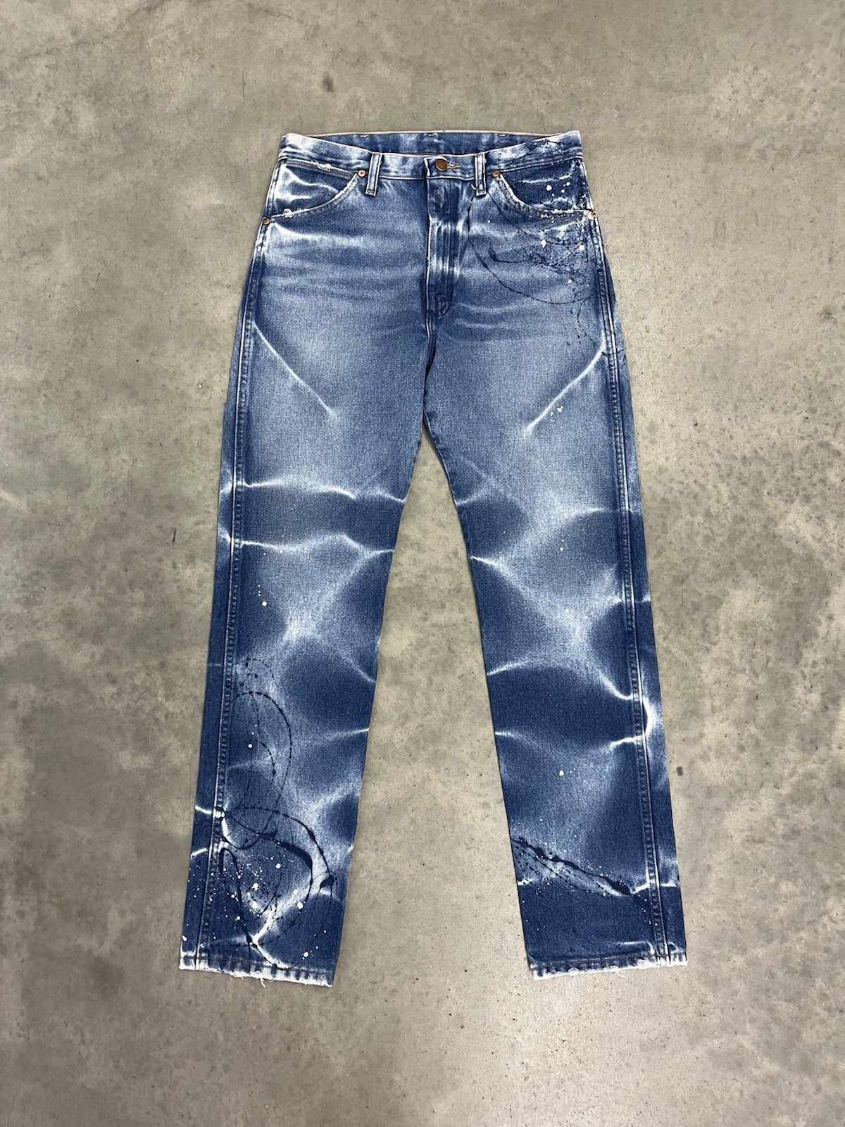 Custom Reworked Wrangler 13MWZ Jeans 34×34 Water Ripple Bleach Wave Wash 1 of 1