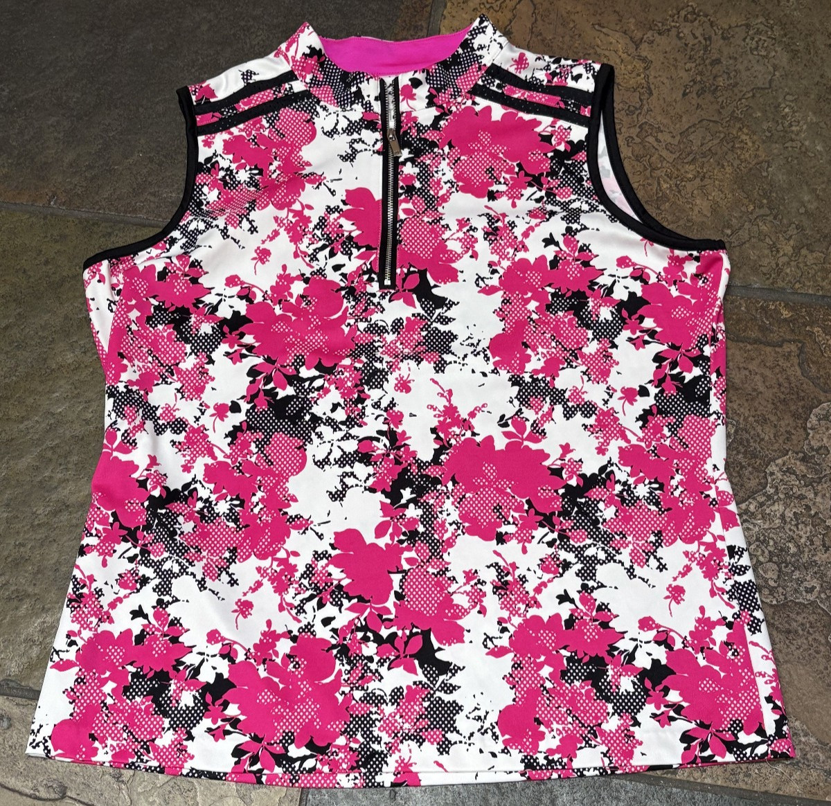 TAIL Size XL Open Zipper V Neck Pink & Black Poly Blend Sleeveless Top