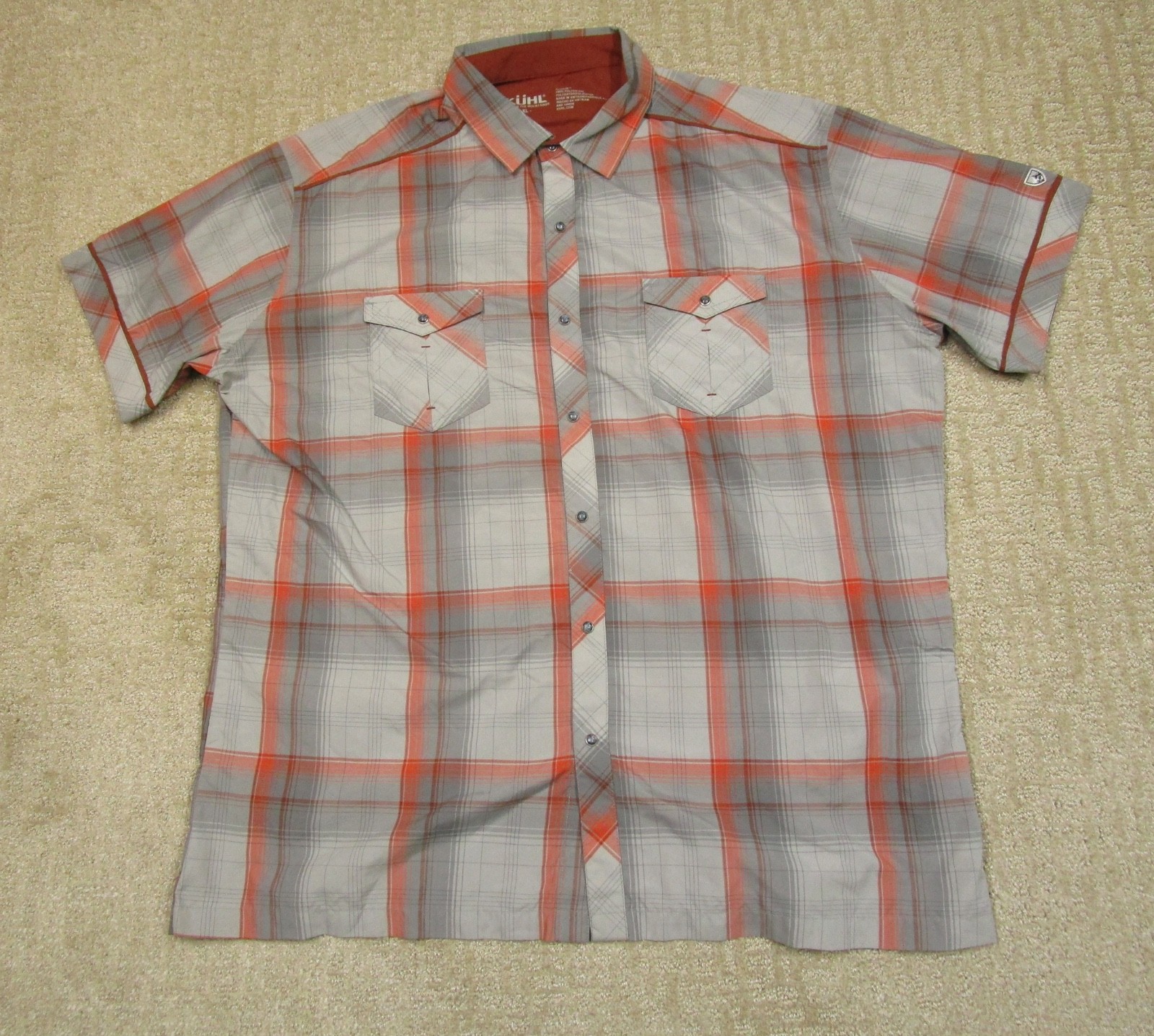 Kuhl Shirt Men XL Gray Plaid Performance Pearl Snap Short Sleeve Hiking Wicking