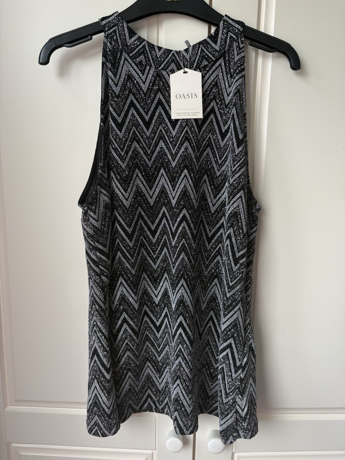 Oasis BNWT Black Silver Metallic Zig Zag High Neck Top Blouse Size S Small